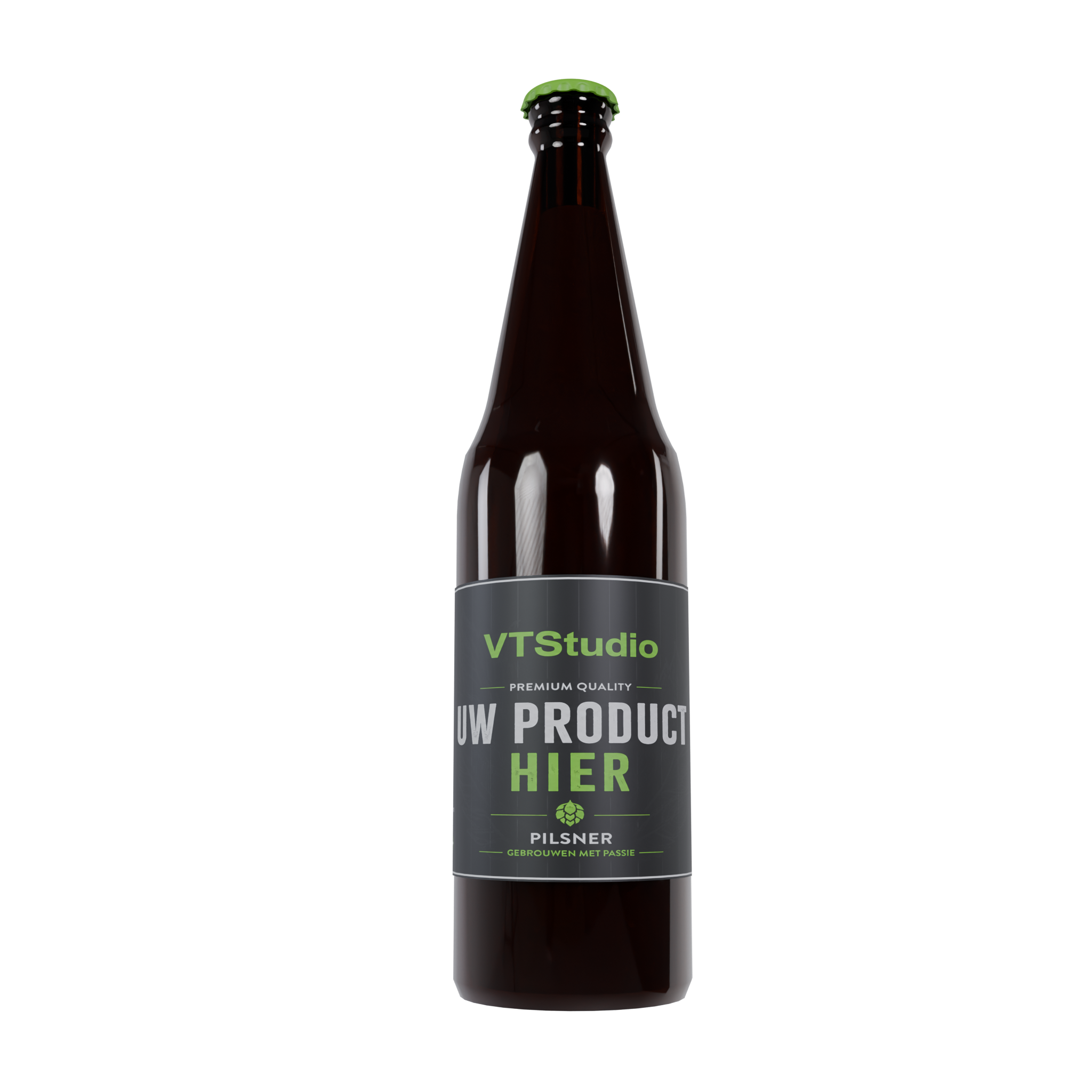3D-productvisual van een bierfles met VTStudio-etiket