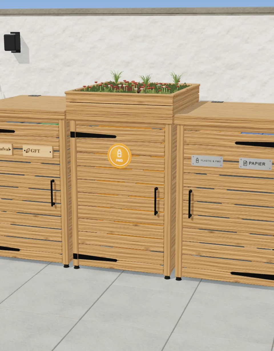Houten containerbakken in de tuin met duo-containers, naambordjes en een plantendak