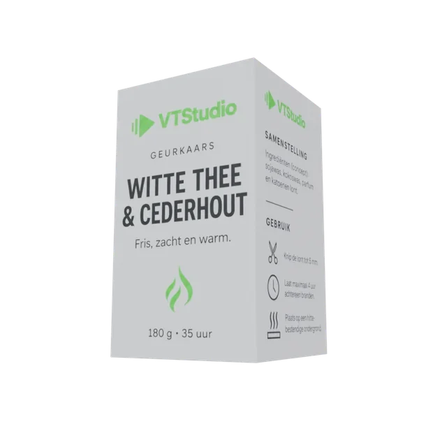 Wit doosje van de VTStudio-geurkaars Witte thee & cederhout