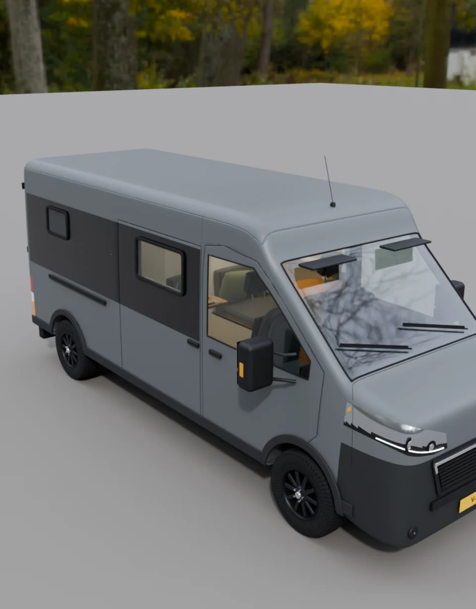Grijze camper, schuin van voren
