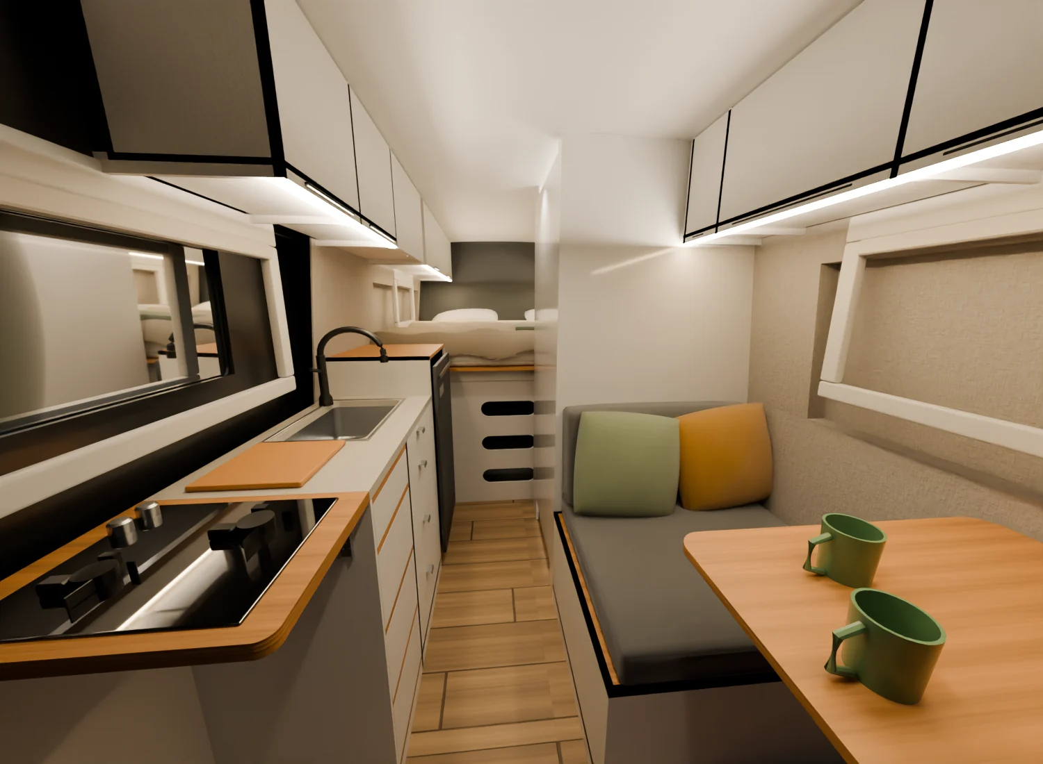 Realistische render van de woonruimte: keuken met spoelbak en kookplaat, bank met kussens, tafel met twee groene mokken en het bed achterin.