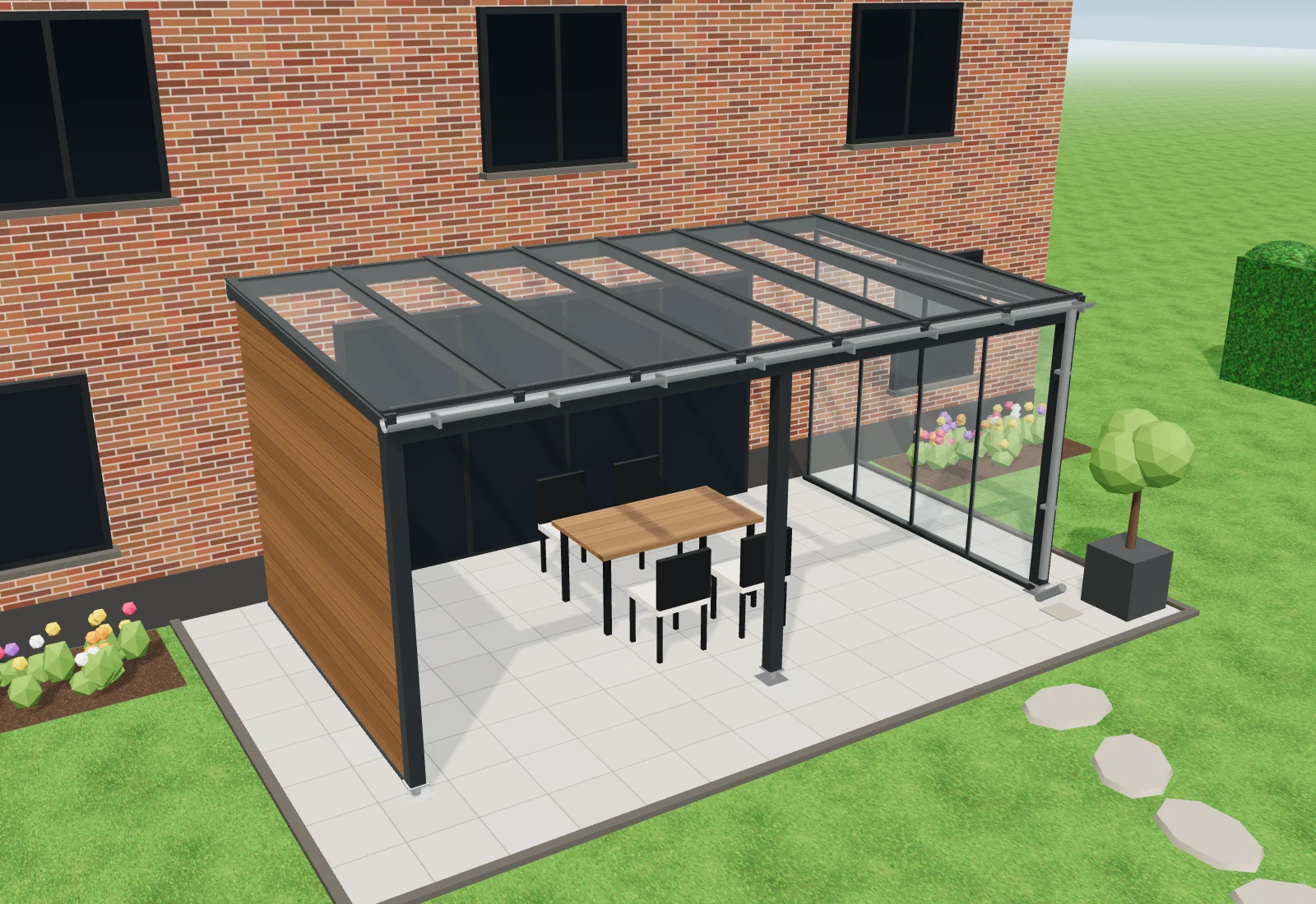 Antraciet overkapping met glazen dak tegen een bakstenen woning, met een houten zijwand, een glazen schuifwand en een tafel met stoelen op het terras