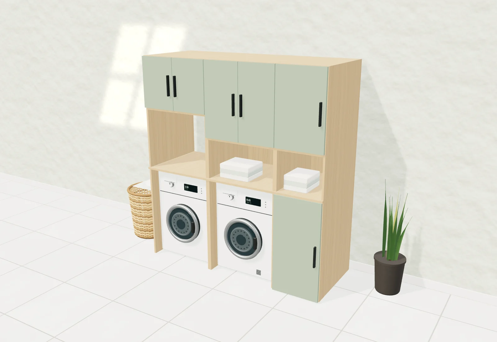 Zelf samengestelde wasruimte met wasmachine, droger, werkruimte en saliegroene kasten, naast een rieten wasmand
