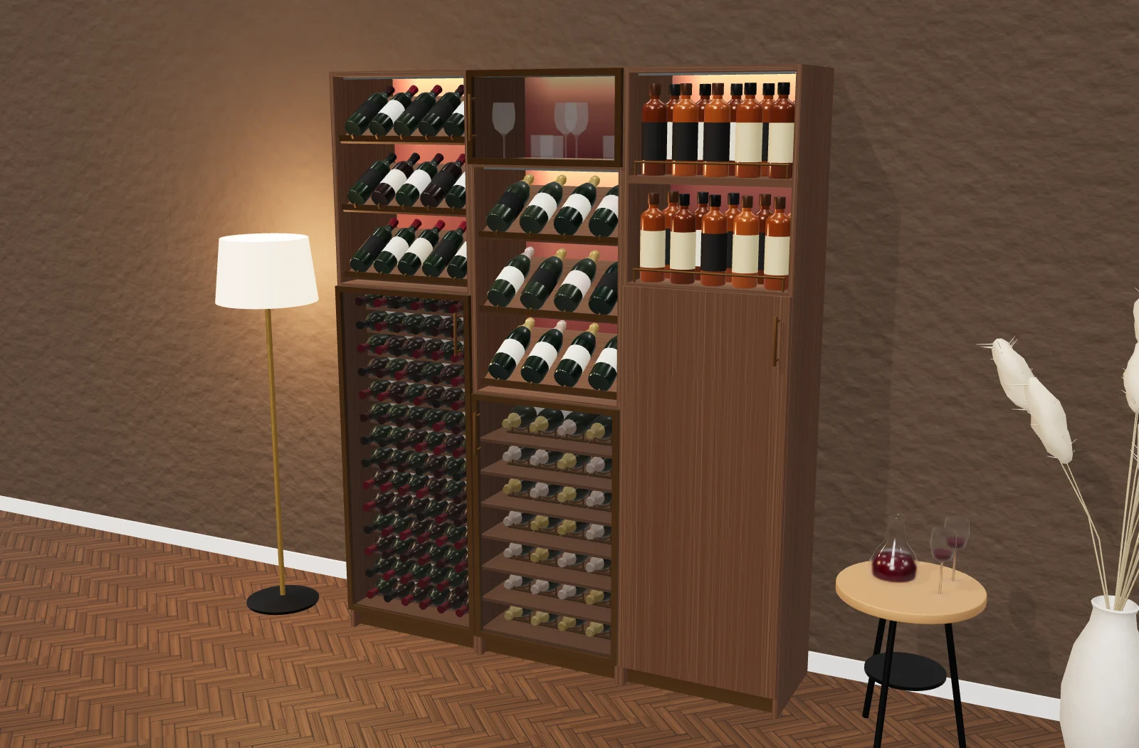 Wijn- en drankenkast in walnoot bij avondlicht, met liggende opslag, presentatievakken, whisky en glazen, naast een staande lamp en een bijzettafel met karaf